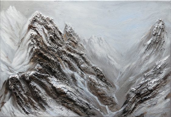 Tableau de l'artiste peintre Ajnay Ruisseau cascade paysage neige et montagne